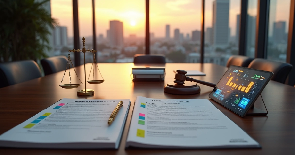 Mesa de trabalho com laudo impresso, parecer técnico anotado e símbolos de Justiça alinhados 