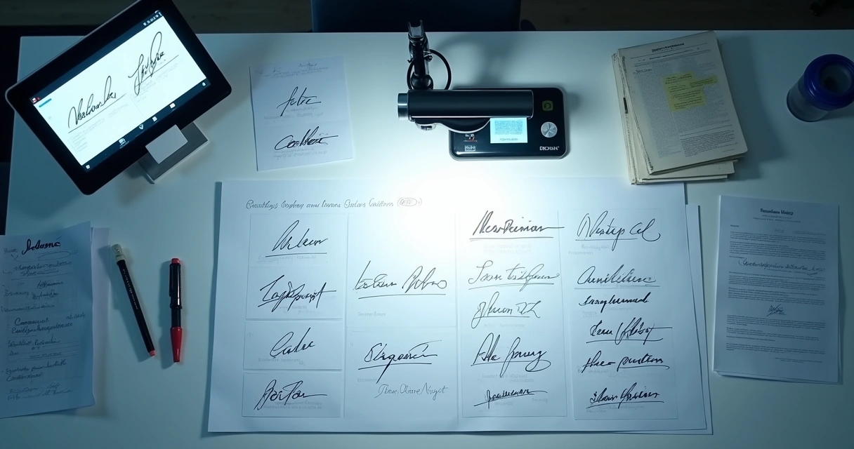 Mesa com documentos e fotos de assinaturas comparadas 