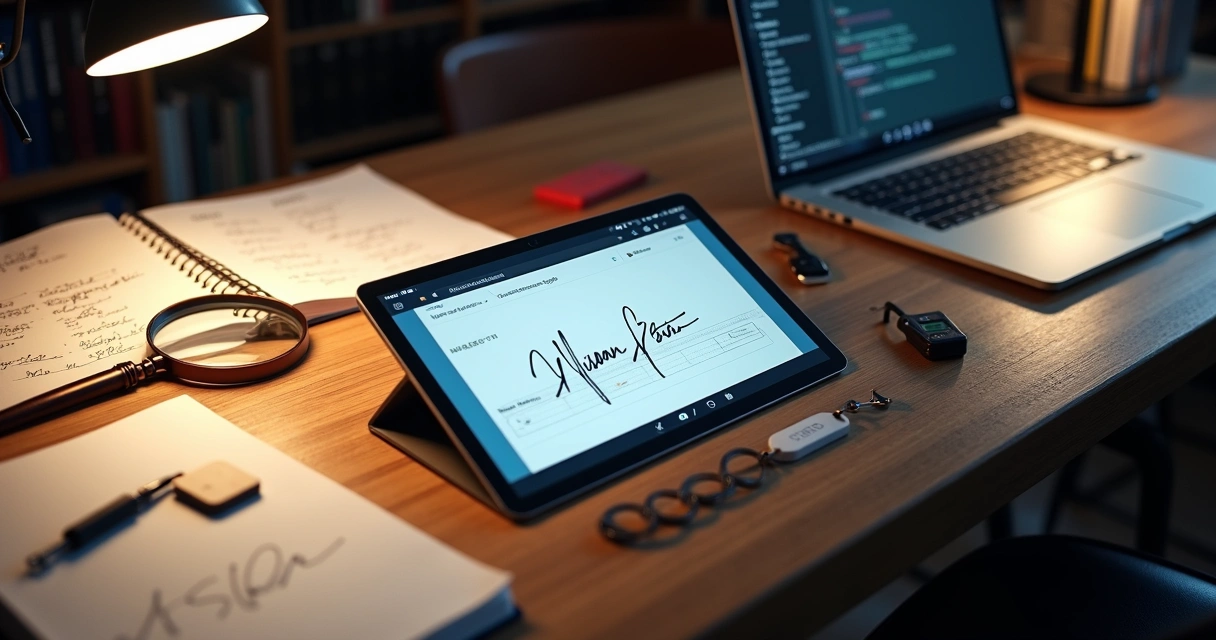 Mesa de perícia grafotécnica com tablet, lupa e assinatura digital em destaque 
