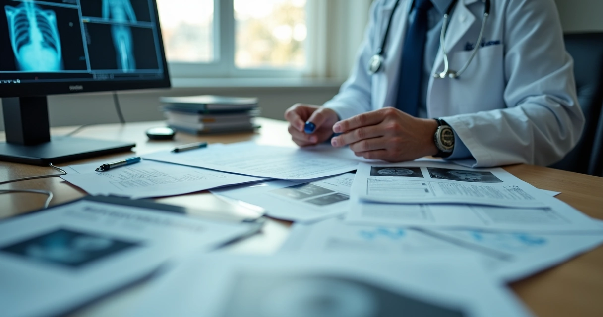 Perito do INSS avalia exames e laudos médicos em mesa 