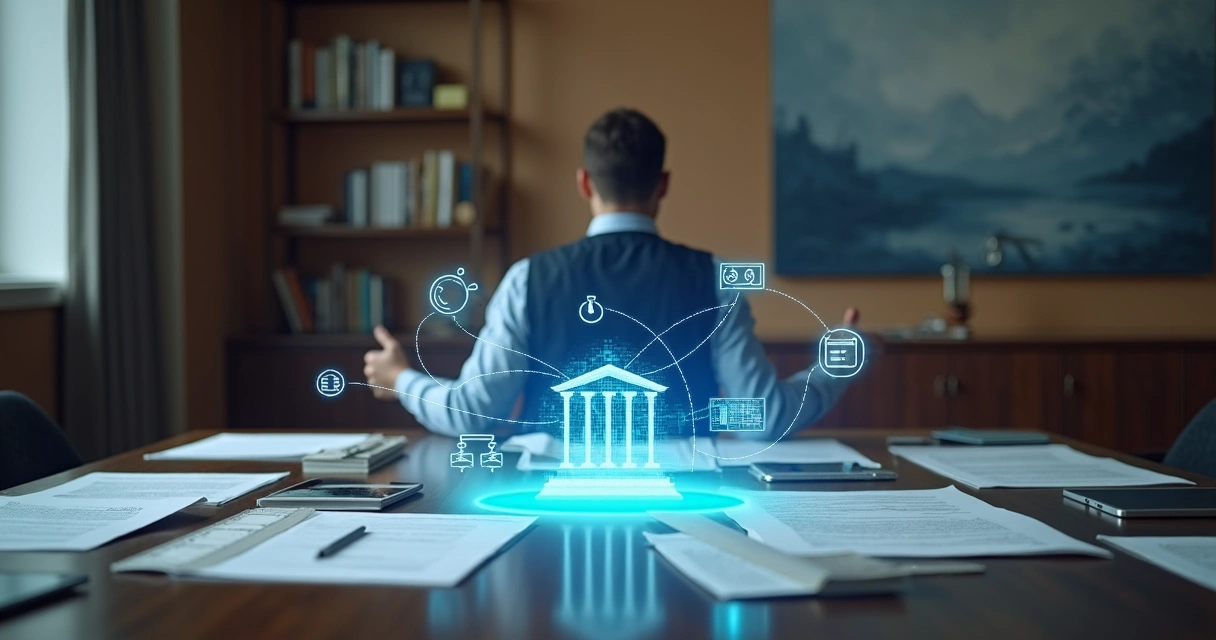 Perito judicial observando holograma de inteligência artificial com fluxo de perícia digital 
