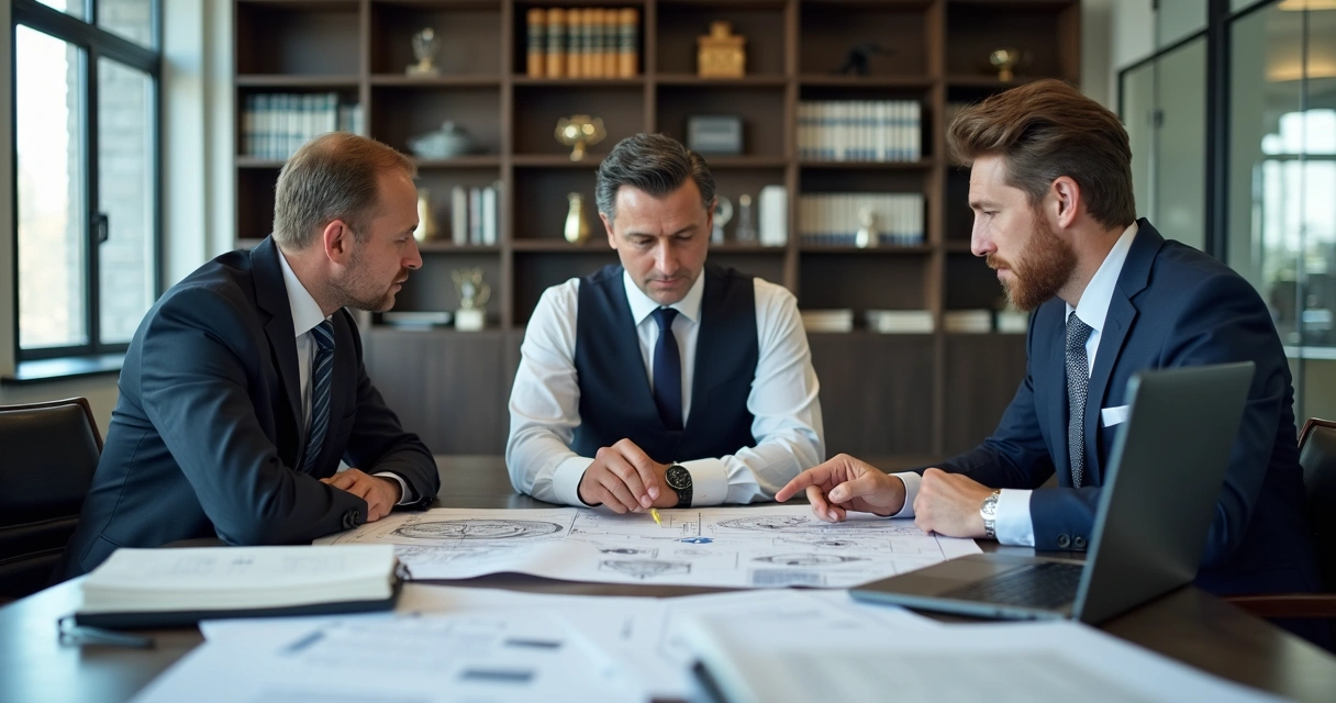 Profissionais analisando documentos técnicos em uma mesa de reunião 