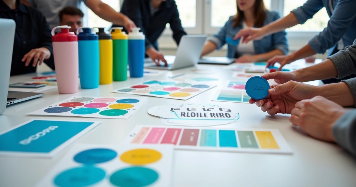 Equipe personalizando brindes promocionais em mesa com amostras coloridas 