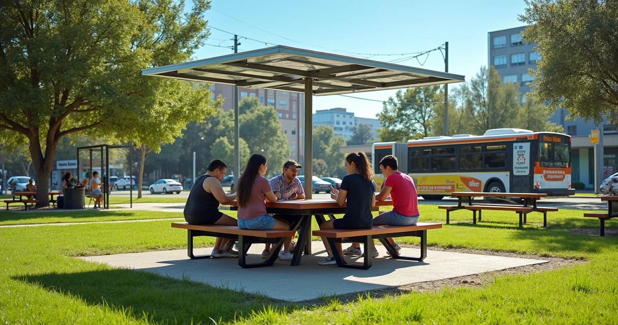 Mesa de piquenique pública com placa de Wi-Fi 