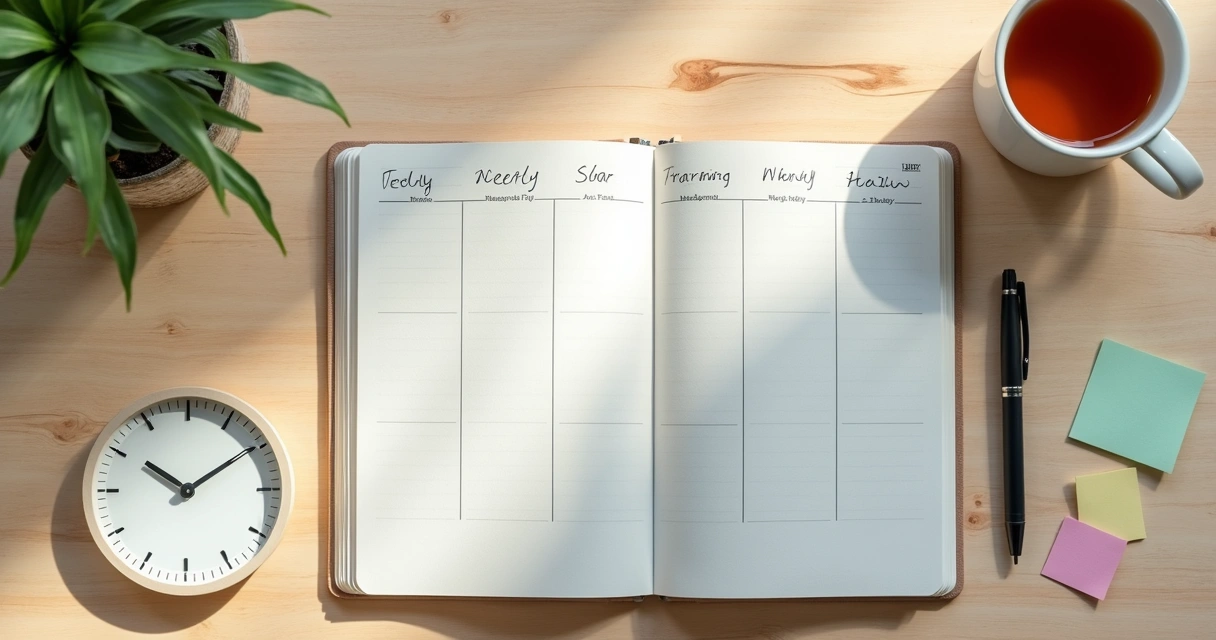 Caderno aberto com planejamento, relógio e xícara sobre mesa clara