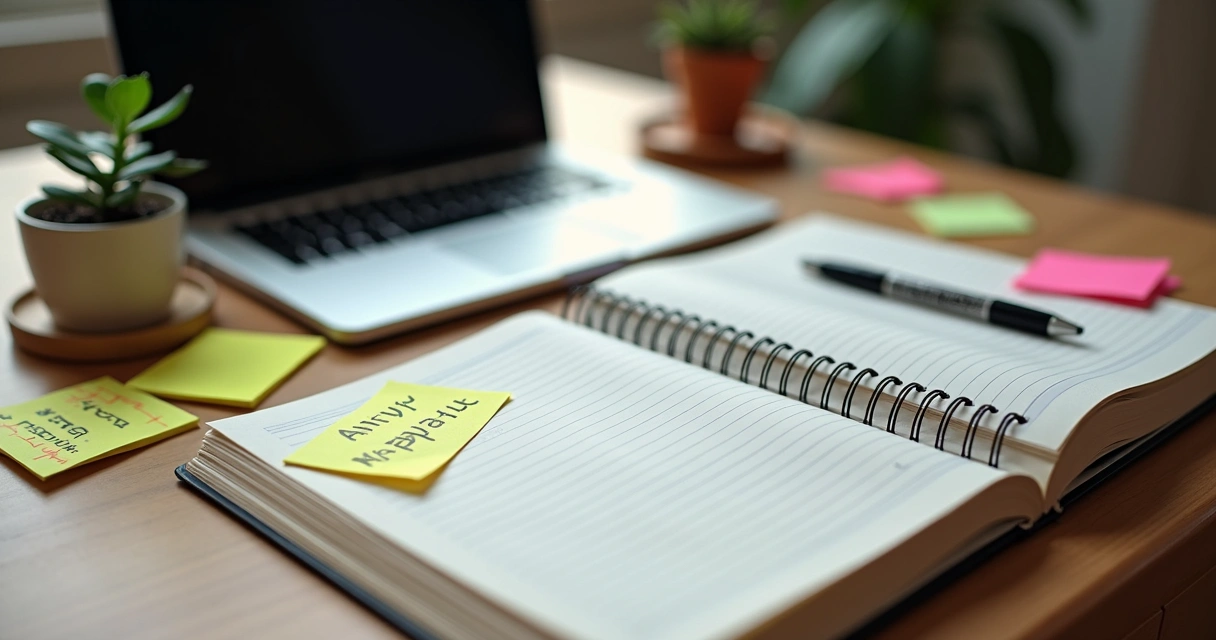 Mesa com cadernos abertos, post-its coloridos e caneta destacada 
