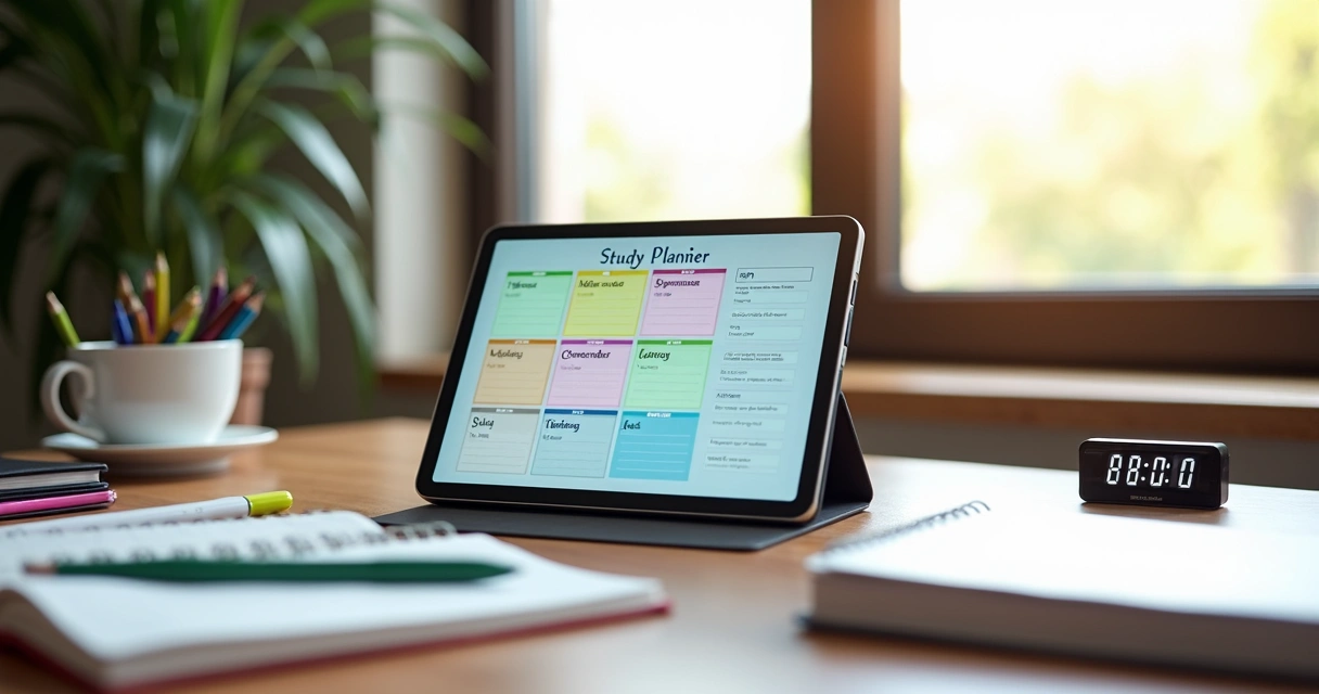 Mesa com materiais de estudo organizados e cronograma semanal digital 