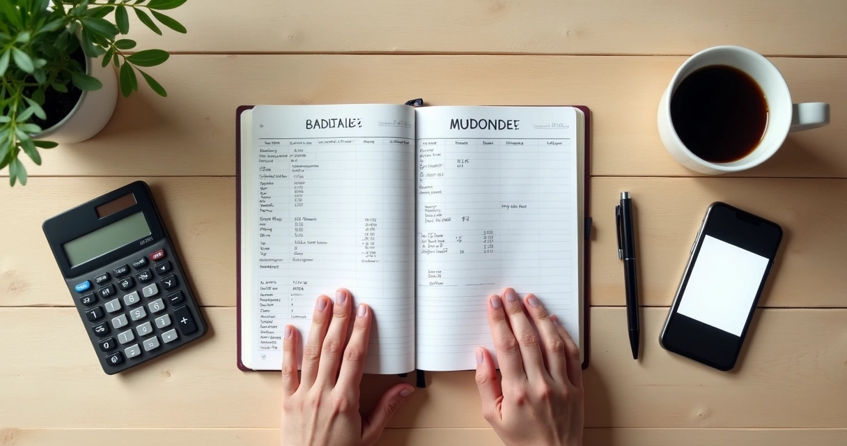 Caderno financeiro, calculadora e café sobre mesa clara