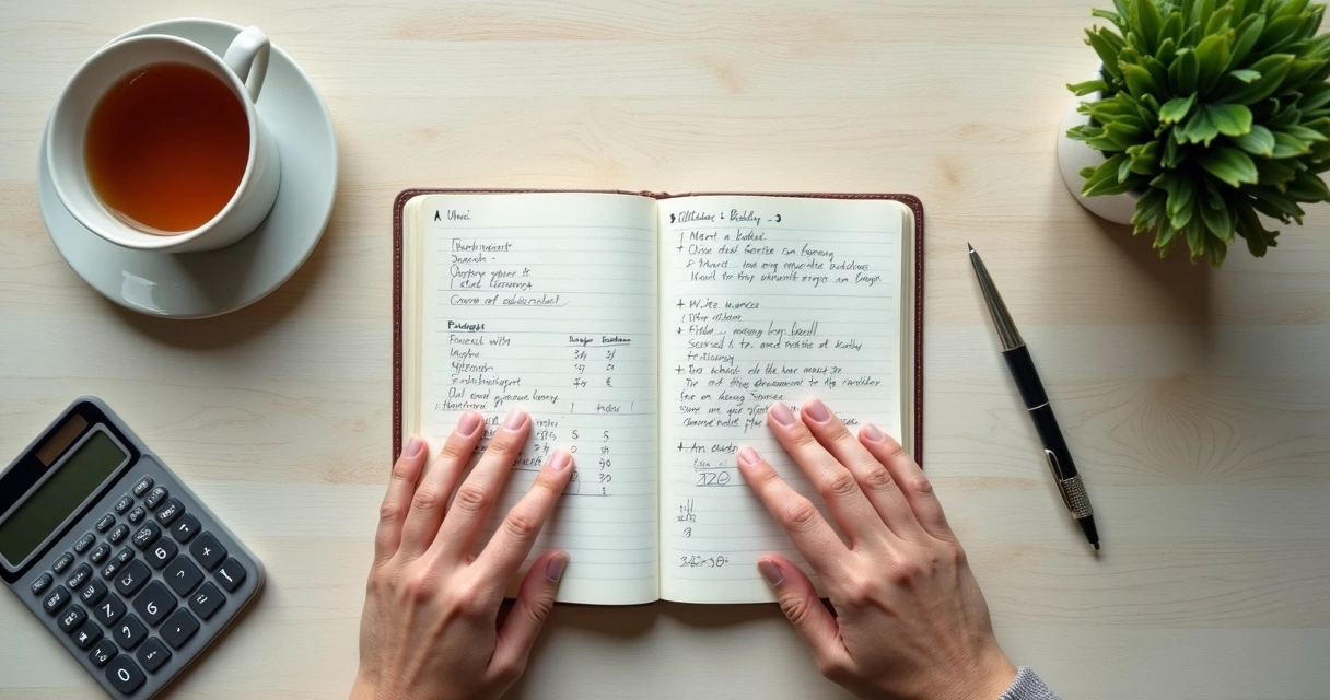 Caderno financeiro, xícara de chá e mãos em pausa reflexiva 