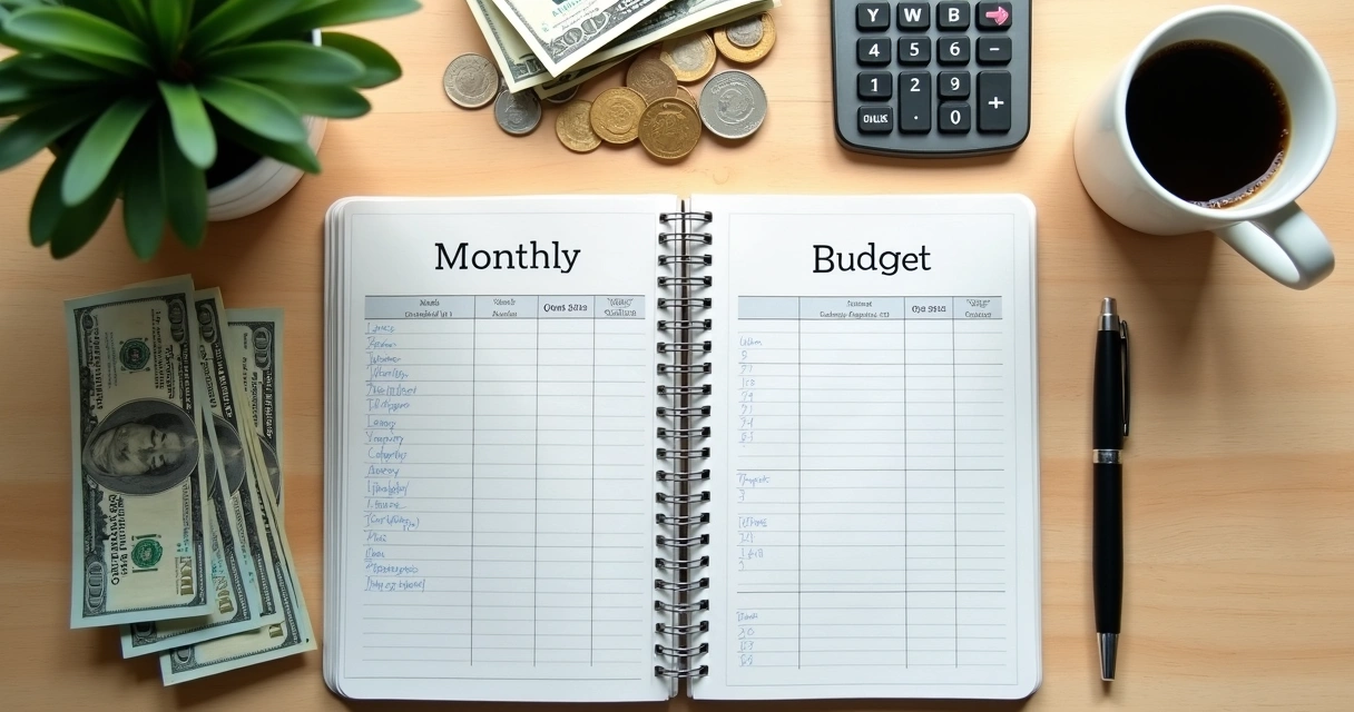 Caderno financeiro, calculadora e xícara sobre mesa clara
