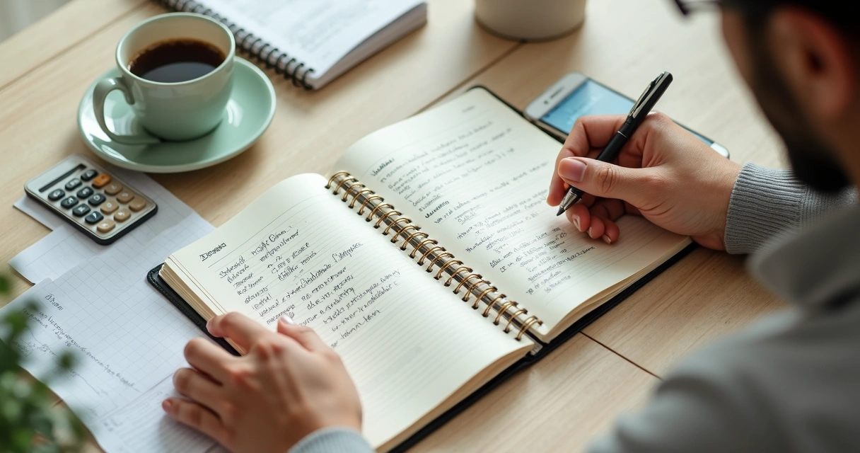 Caderno financeiro, calculadora e mãos organizando contas em uma mesa