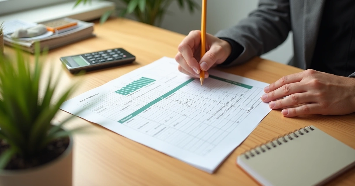 Pessoa organizando planilha de orçamento em mesa clara com poucos objetos