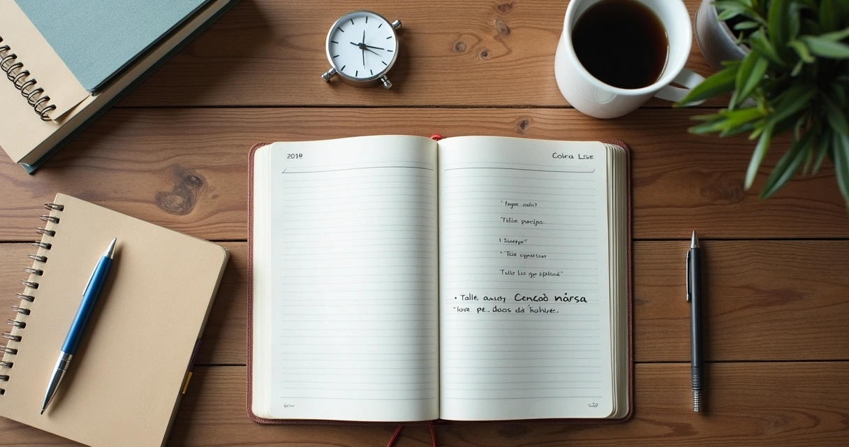 Mesa com caderno, relógio e lista de tarefas ao lado de café