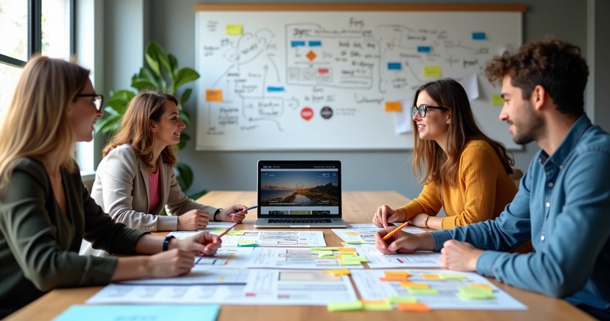 Painel com cartazes de planos e cupons sendo organizado por equipe em mesa de trabalho 