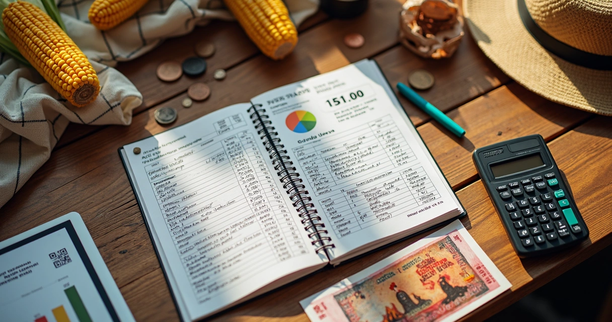 Mesa com planilha de custos e ingressos de festa junina sobre notas e milho 