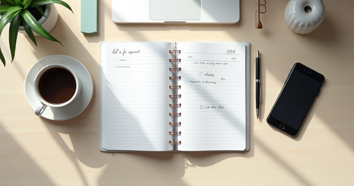 Mesa com agenda, café e lista de tarefas