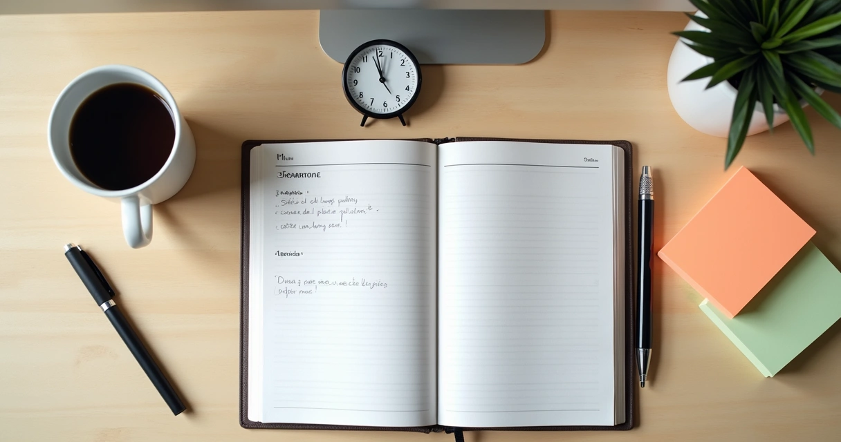 Mesa com agenda, relógio, café e lista de tarefas