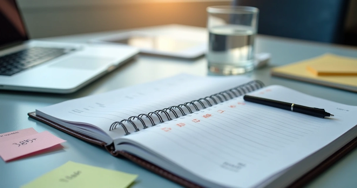 Mesa com agenda, notebook e bloco de prioridades