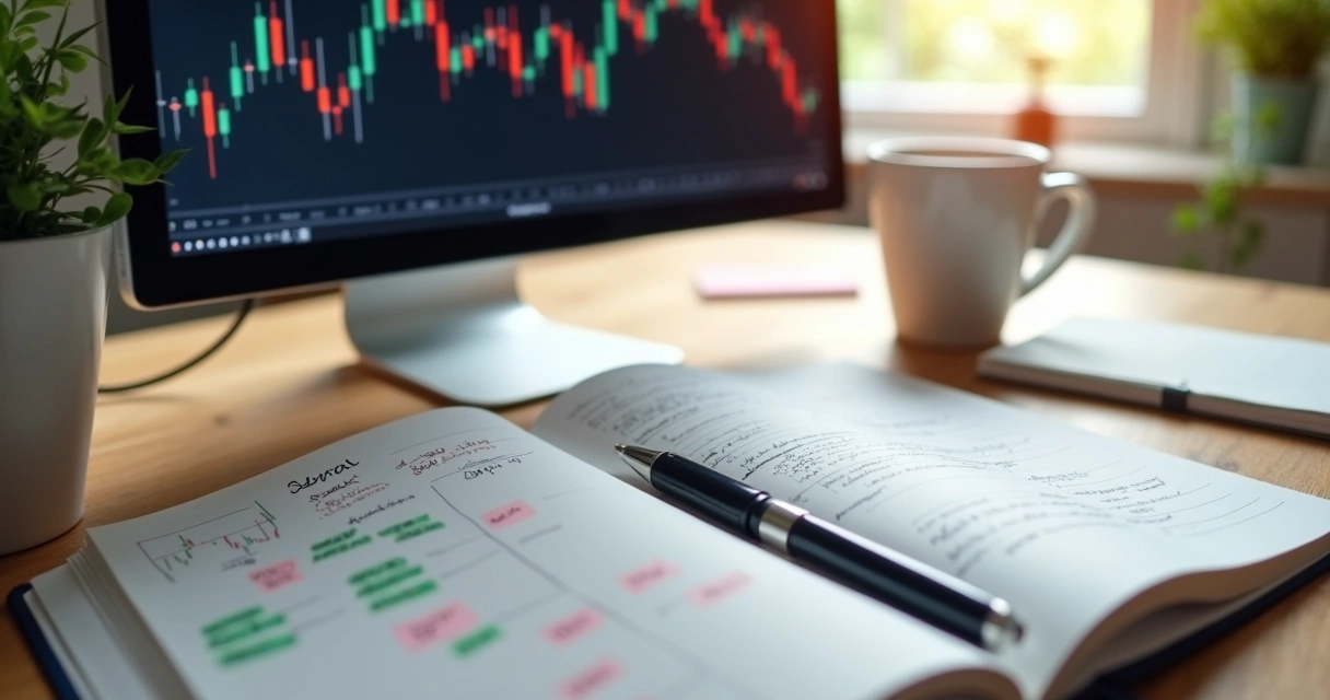 Mesa com planner, xícara de café e computador com gráficos de ações 