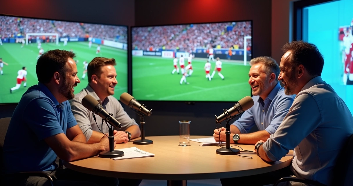 Mesa redonda de podcast esportivo com pessoas reagindo a lances de futebol 