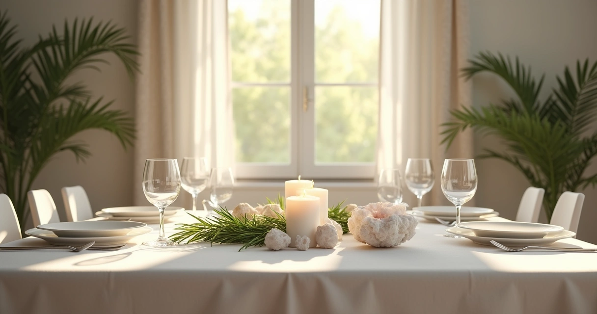 Mesa preparada para reunião de família com objetos de proteção