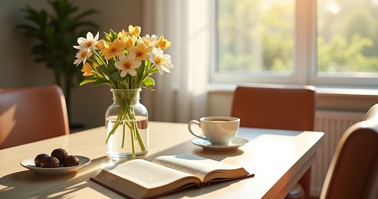 Mesa com flores e livro devocional para receber visitas 