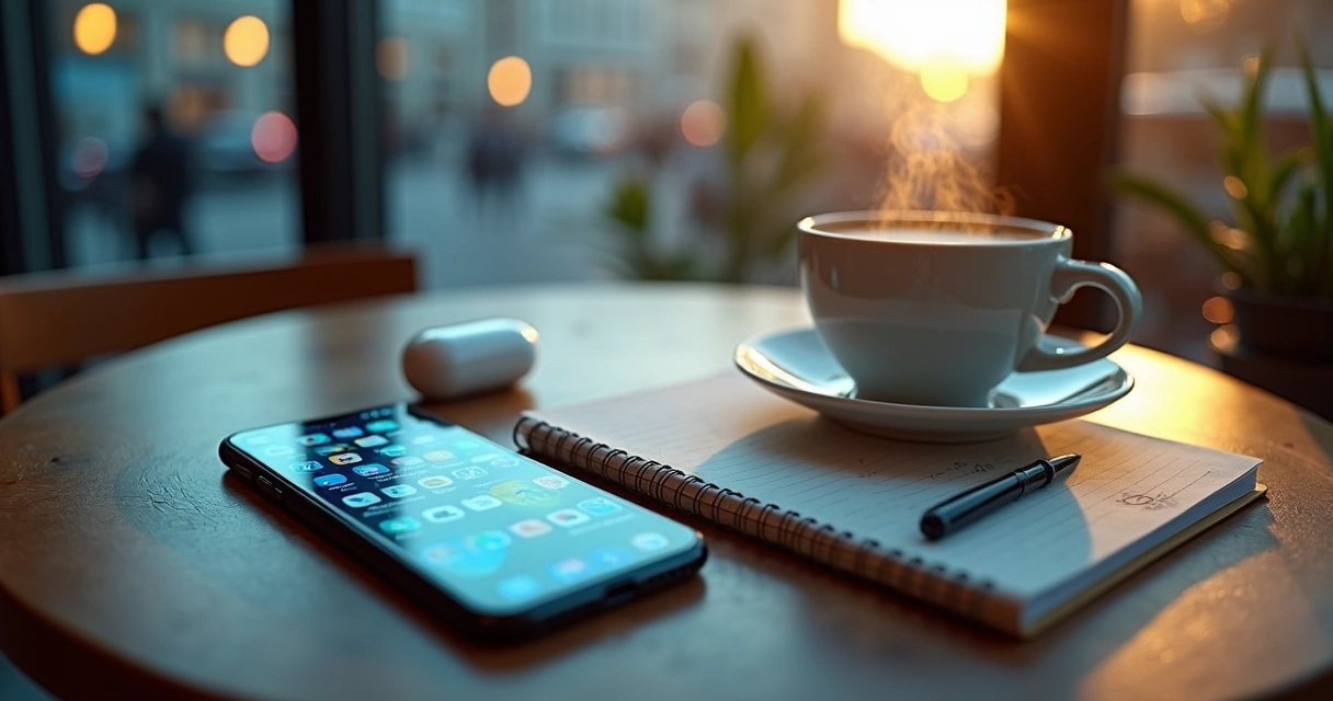 Mesa de café dividida entre celular luminoso e momento calma de escrita à mão 