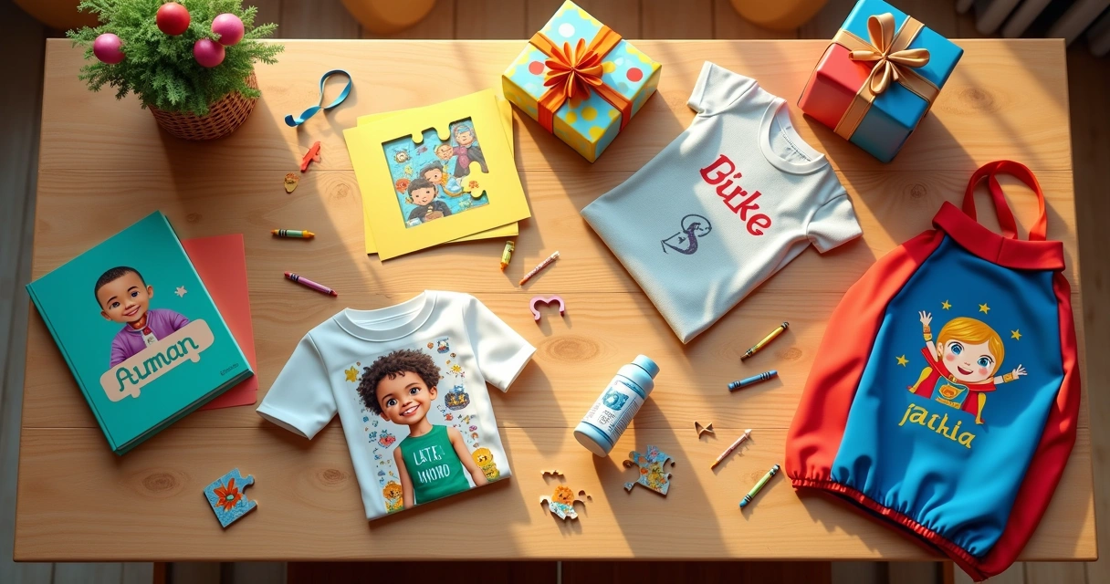 Mesa com presentes personalizados coloridos para crianças a partir de vista superior 