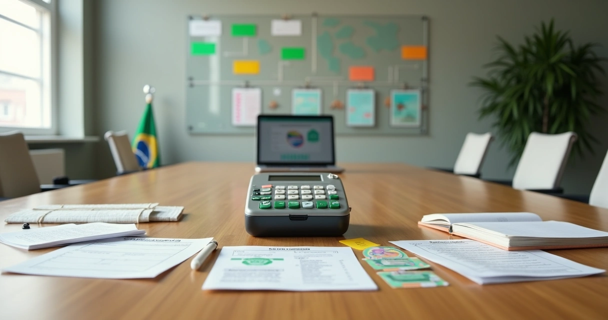 Mesa com documentos de eleições brasileiras, urna eletrônica em miniatura e símbolos do processo eleitoral 