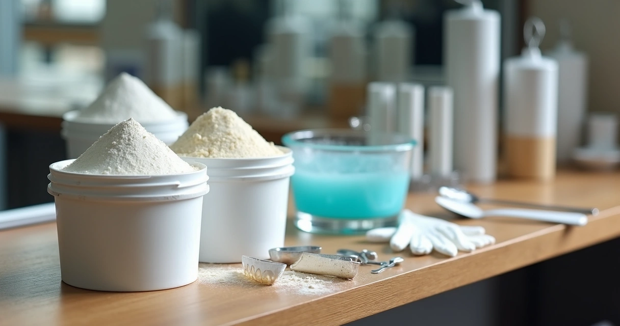 Vários tipos de produtos de descoloração em uma bancada de salão de beleza 