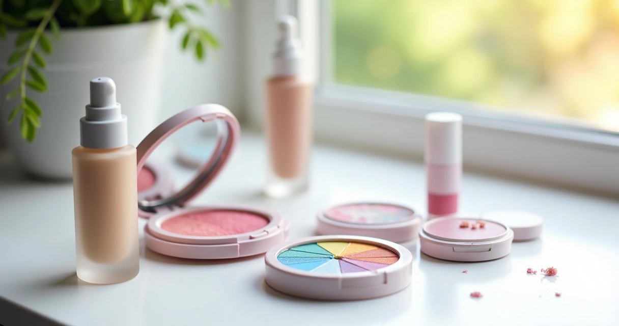 Produtos de maquiagem diurna em uma mesa clara 