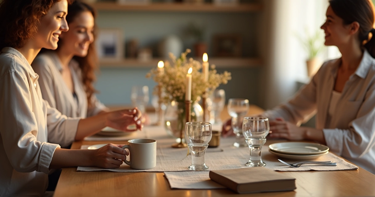 Mesa posta simples com mulheres conversando e mãos tocando suavemente 