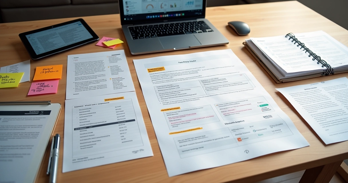 Mesa com diferentes propostas impressas de uma agência digital com anotações de revisão 