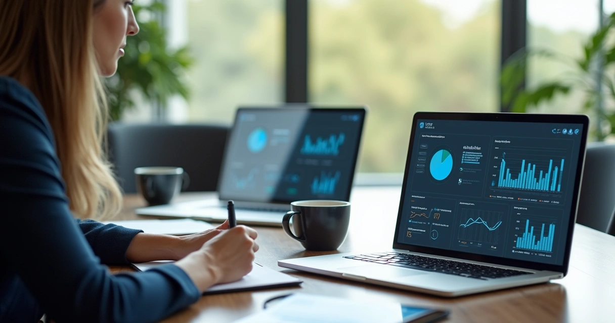 Mesa de trabalho com reunião virtual e gráficos abertos