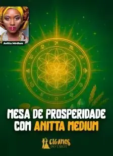 Mesa de prosperidade com Anitta Medium e símbolos astrológicos dourados