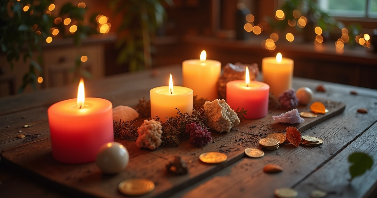 Mesa de prosperidade com velas acesas e ervas