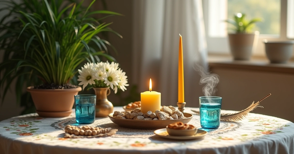 Mesa preparada com quatro elementos distribuídos em círculo 