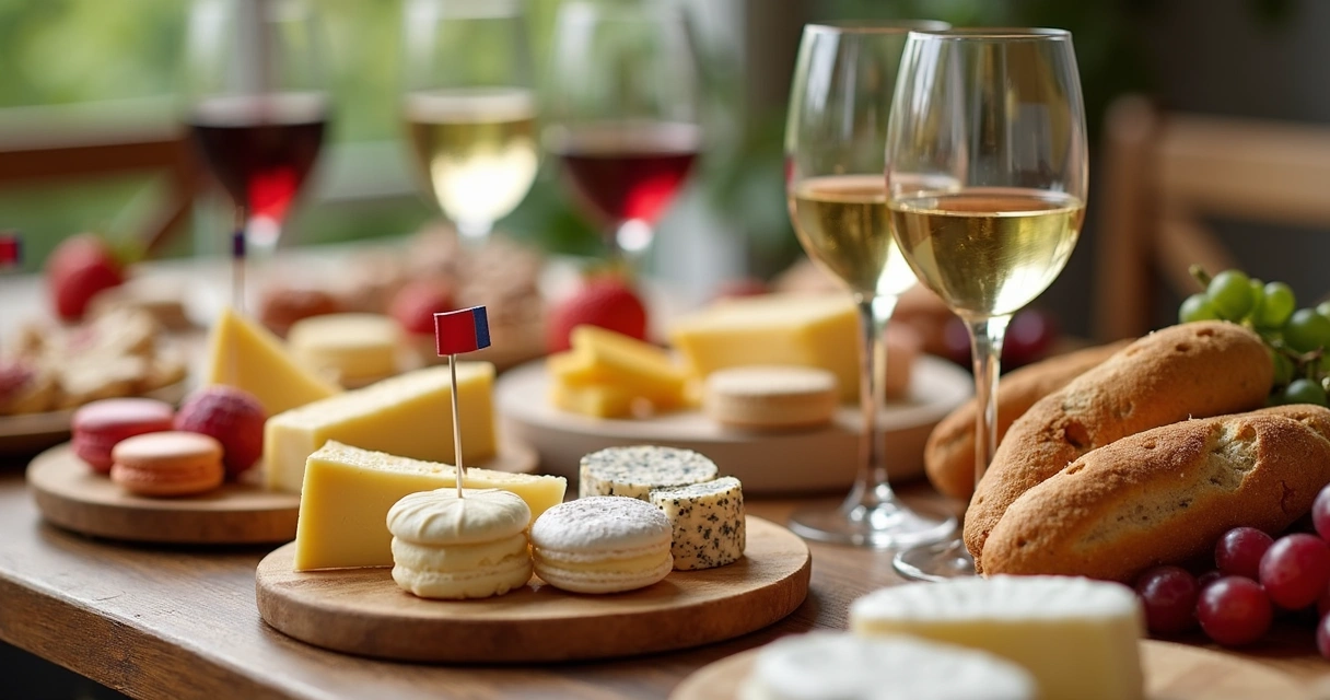 Mesa posta com queijos franceses, vinho e sobremesas típicas 