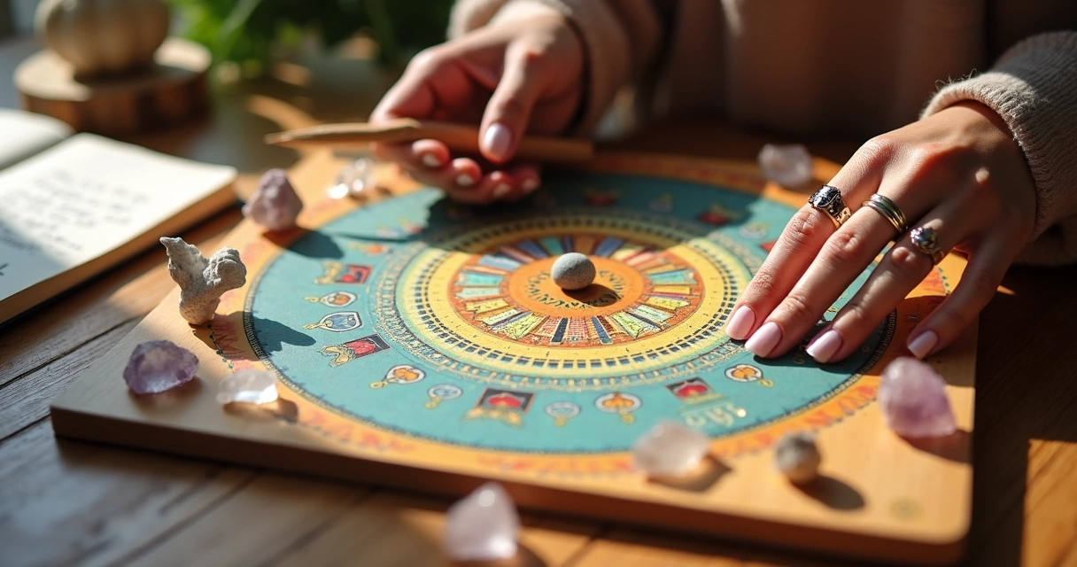 Tabuleiro de mesa radiônica com pêndulo e cristais espalhados