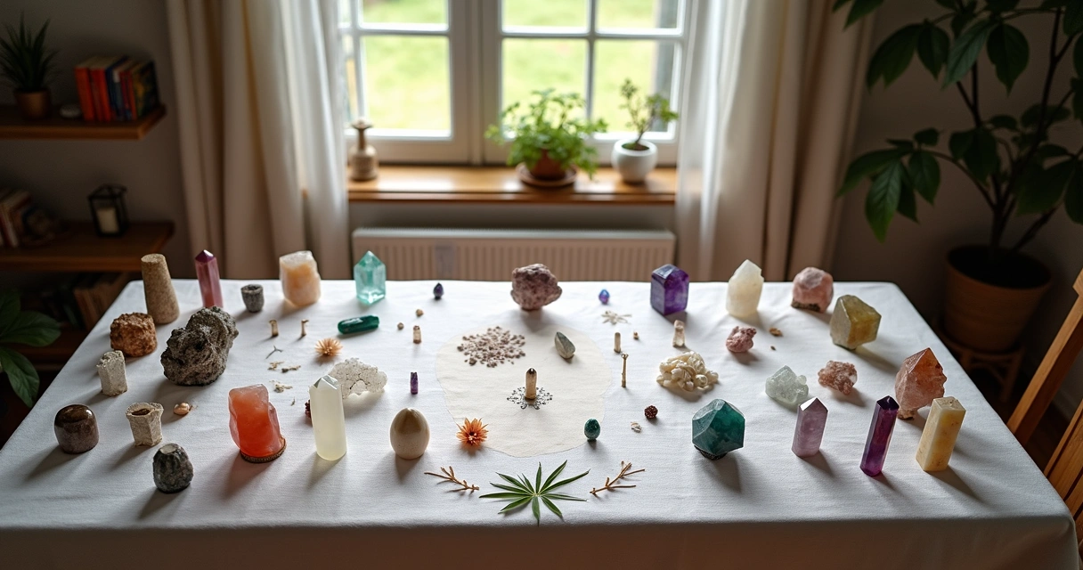Mesa radiônica com cristais e símbolos em ambiente doméstico