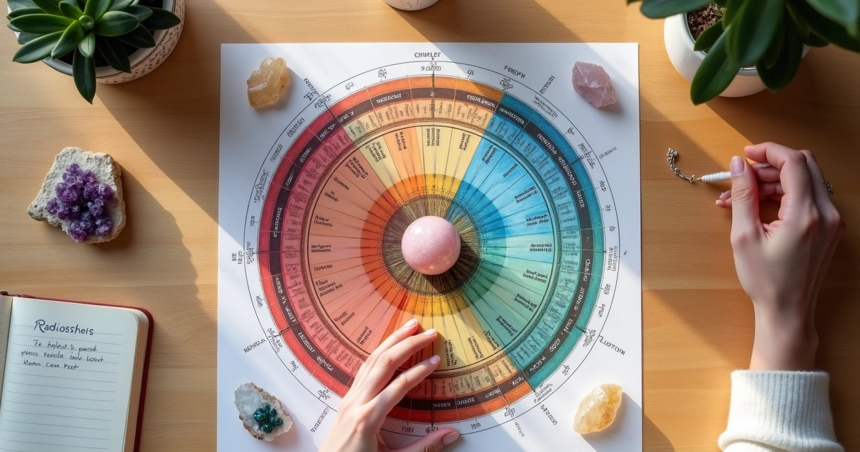 Mesa de radiestesia com pêndulo, cristais e gráficos coloridos 