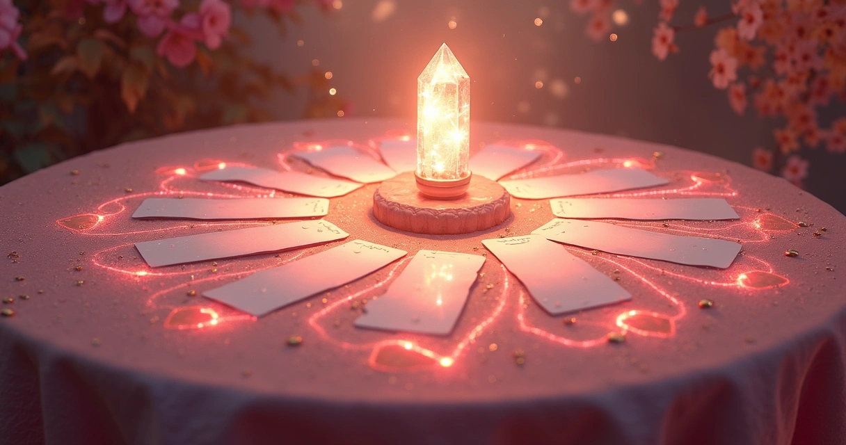 Mesa radiónica com elementos de proteção amorosa, símbolos de energização e cartas de Tarot circulares 