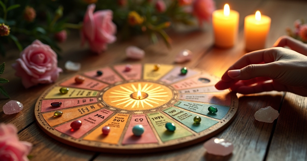 Mesa radiônica com gráficos, cristais e pêndulo 