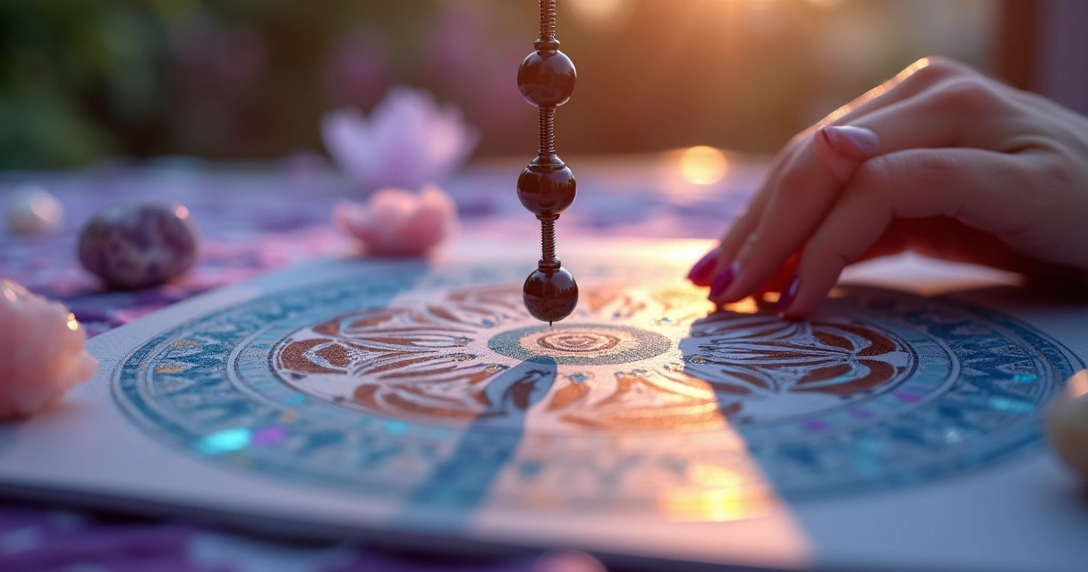 Pendulo sendo alinhado sobre chakras em mesa radiônica