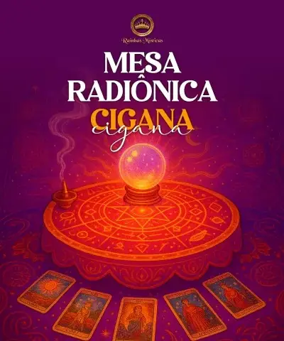 Mesa radiónica cigana com cristal e cartas de tarot sobre fundo roxo