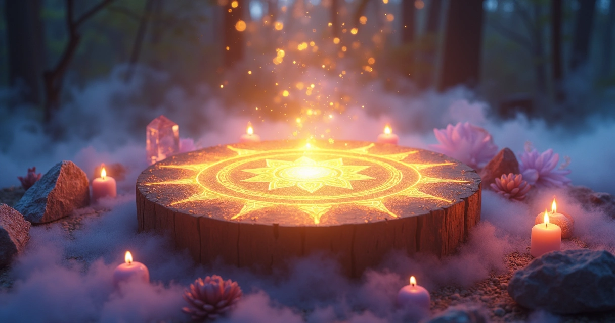 Símbolos místicos dourados em uma mesa radiônica brilhante com luzes etéreas ao redor. 