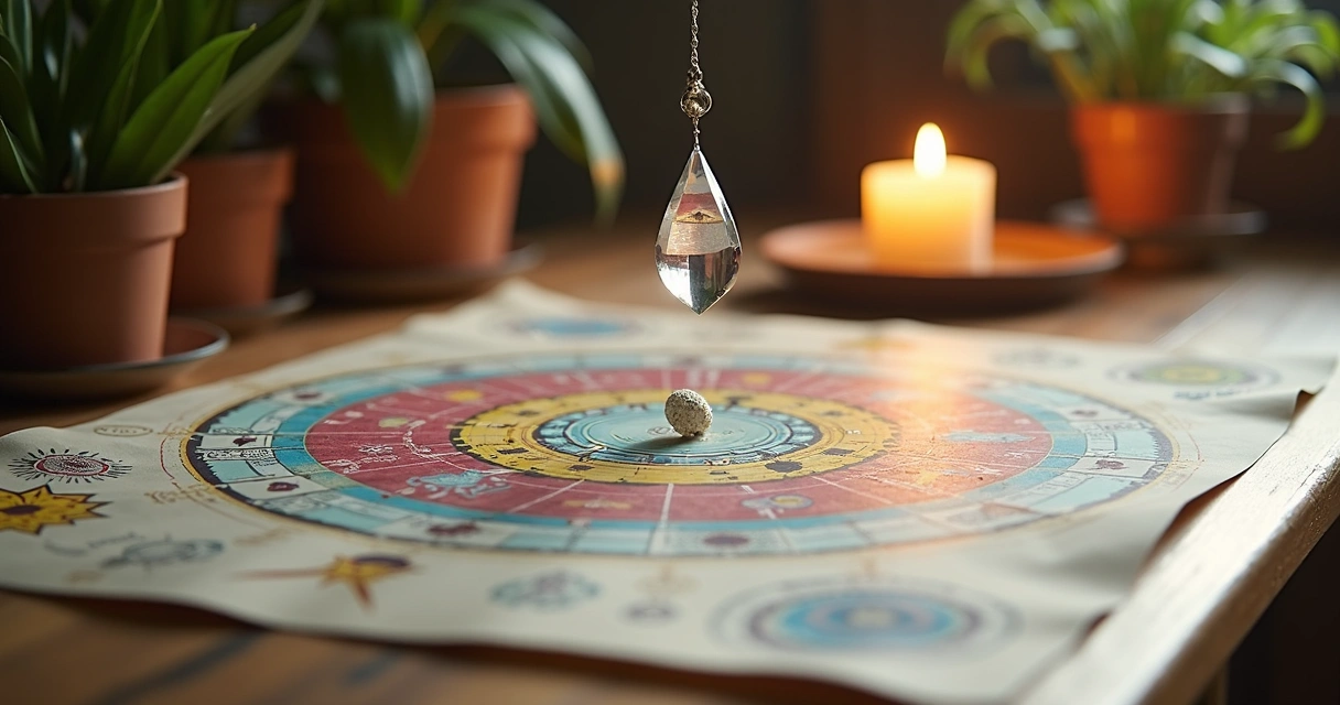 Mesa radiônica com gráficos e pêndulo em destaque. 