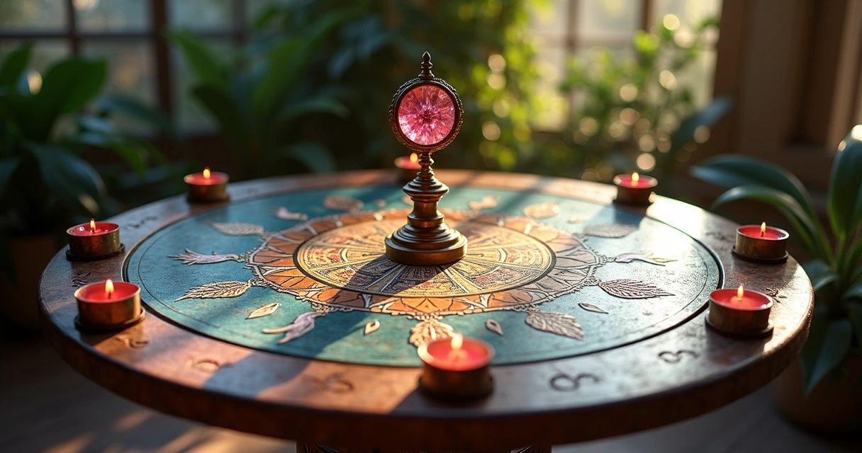 Mesa radiônica com cristais e pêndulo em destaque