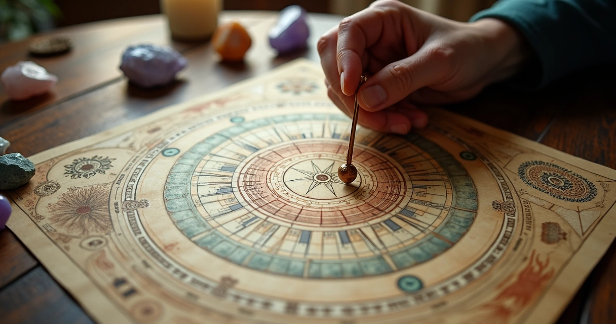 Detalhes de uma mesa radiônica com pêndulo, cristais e símbolos 