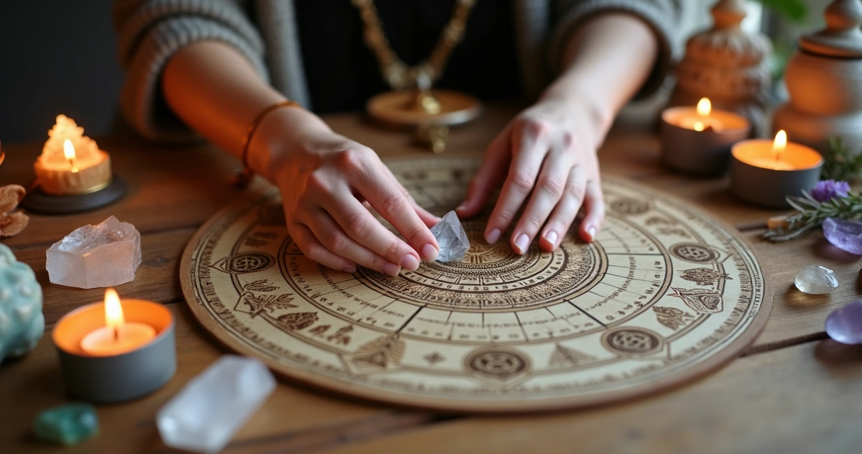 Elementos da mesa radiônica com cristais e gráficos coloridos 